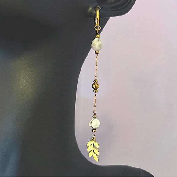 Natural Howlite Beaded Ear Huggies w Olive Leaves 18k Gold🌿 - Picture 3 of 4